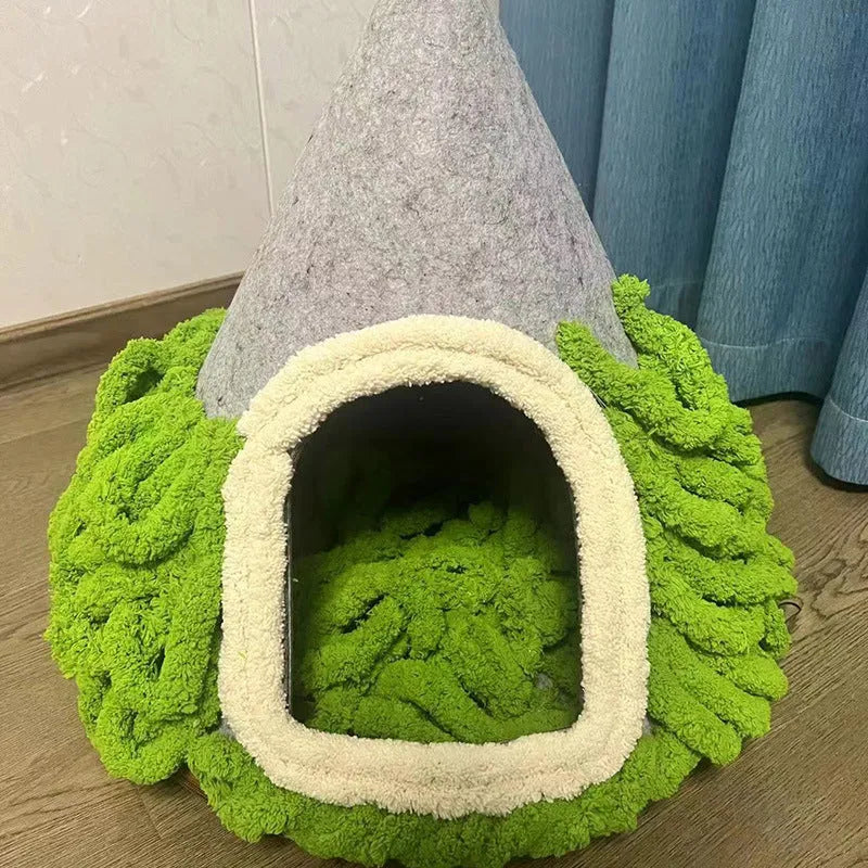 Grey cone-shaped felt cat house with enclosed tent design for indoor cats