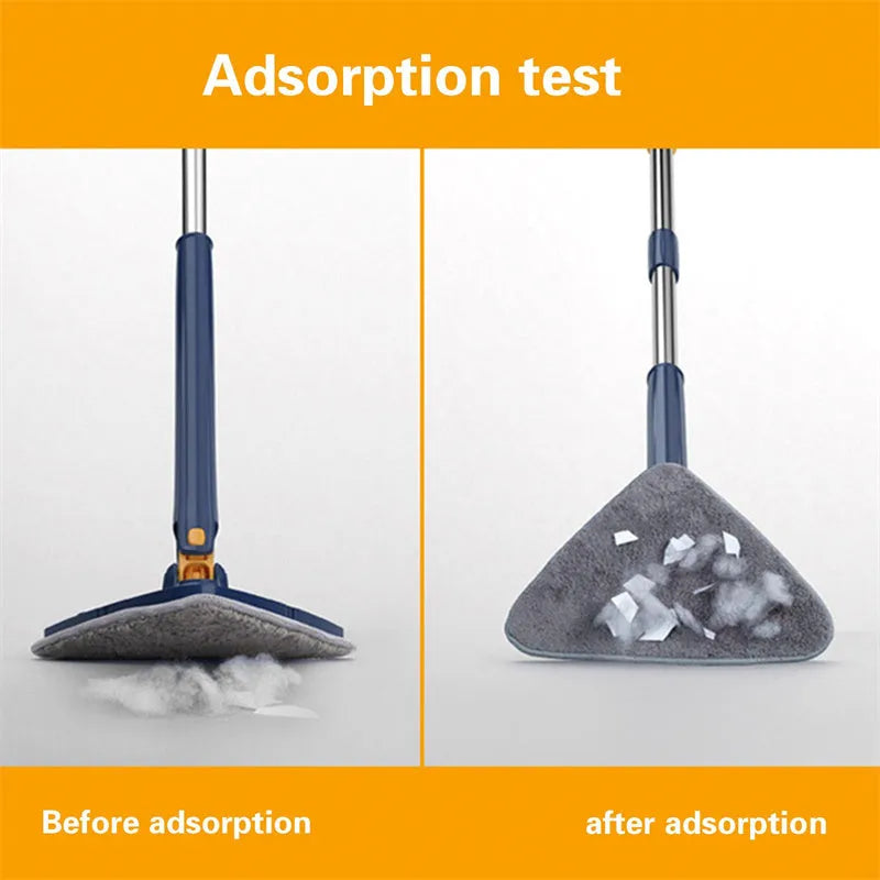 Blue triangle cleaning mop with rotating head and extendable stainless steel pole on tile floor