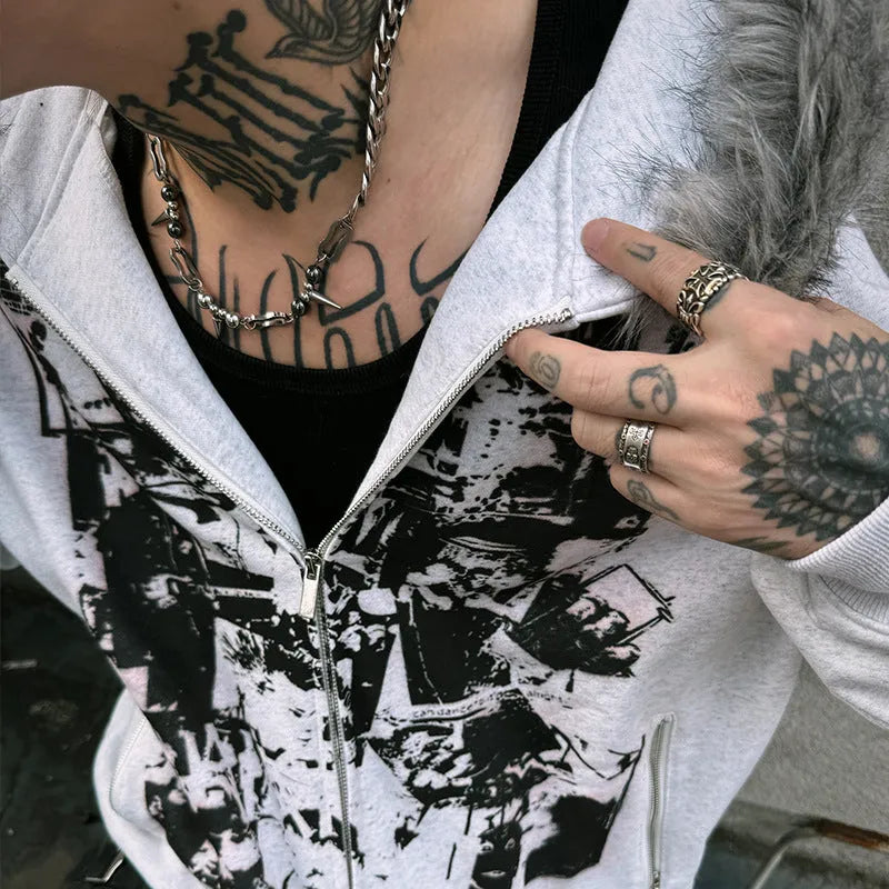 Men's printed long fur collar hood zipper cardigan sweater coat in black, white and grey, slim fit, sizes S to XXXL