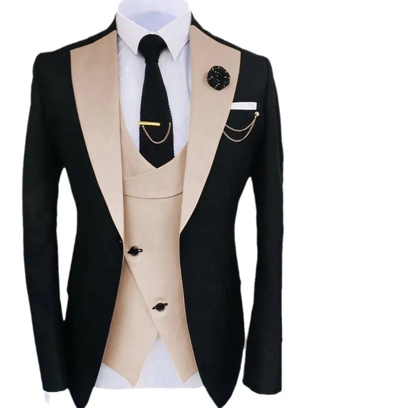 Men's slim fit three-piece business suit in cotton with coat, vest, and trousers for formal occasions