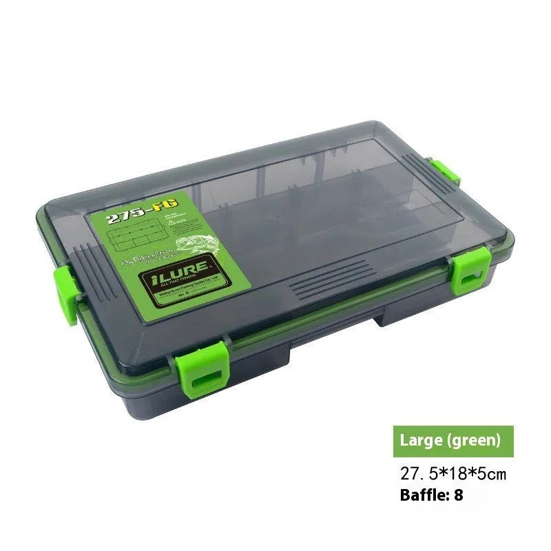 Luya fishing lure bait storage box in durable clear plastic, shown in blue, green, orange, and pink colour options.