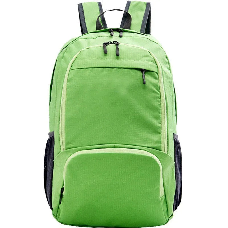 A 26-inch waterproof Oxford cloth backpack in a solid colour, shown folded and unfolded.