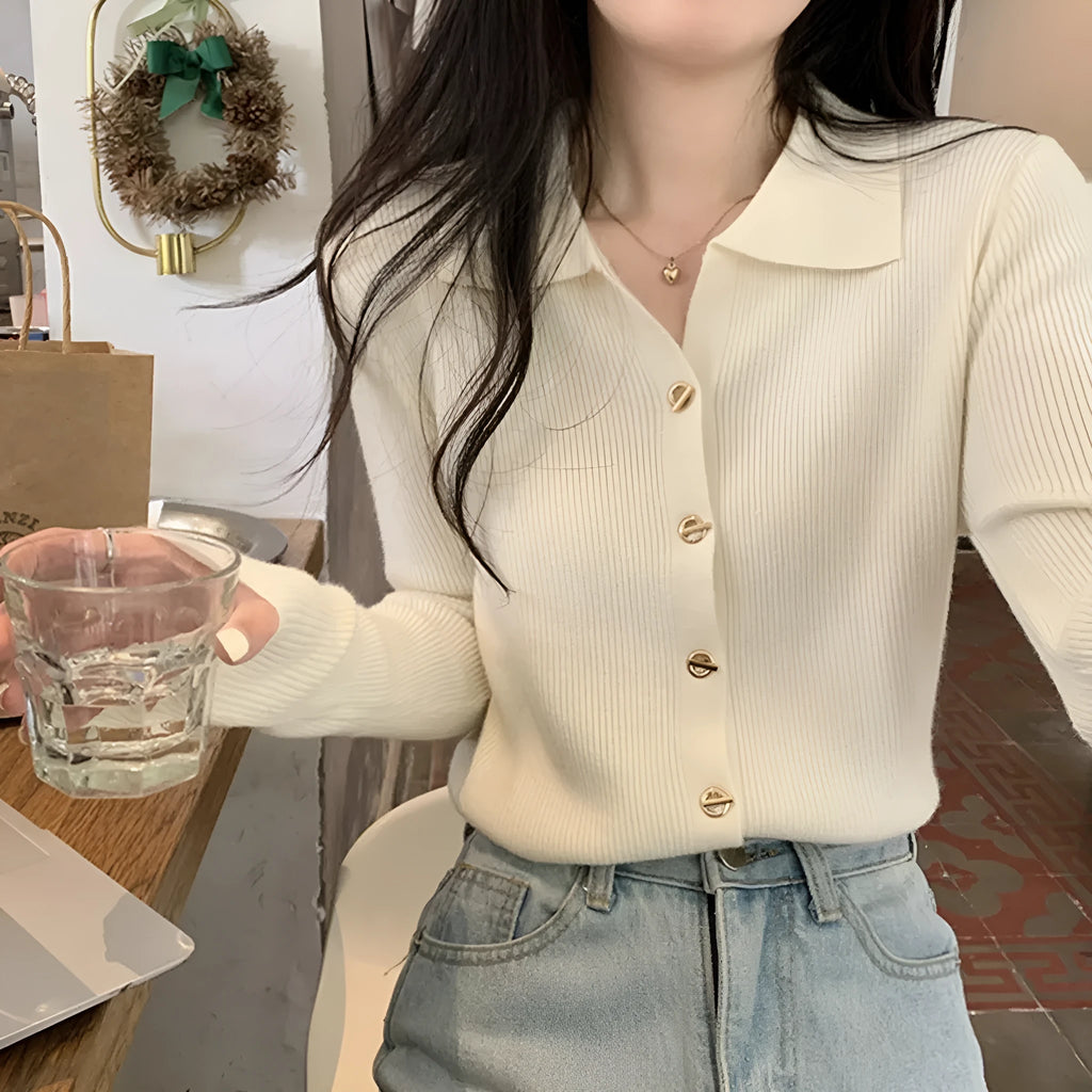 Women's beige knitted cardigan top with long sleeves and loose fit design