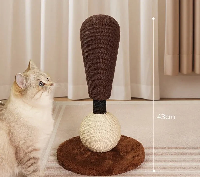 Exclamation-point-shaped vertical cat scratch board made of jute with cartoon-style design