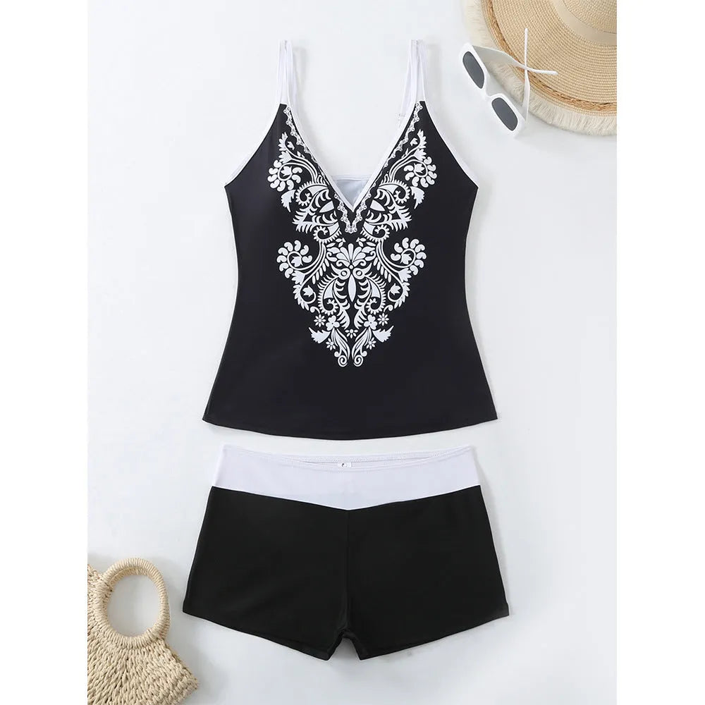 Women's plus size swimsuit set in black or rose red with briefs style and cotton lining