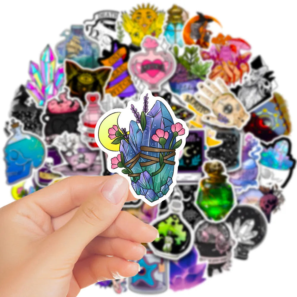 50 piece waterproof PVC luggage stickers with glossy finish in sizes 3cm to 8cm