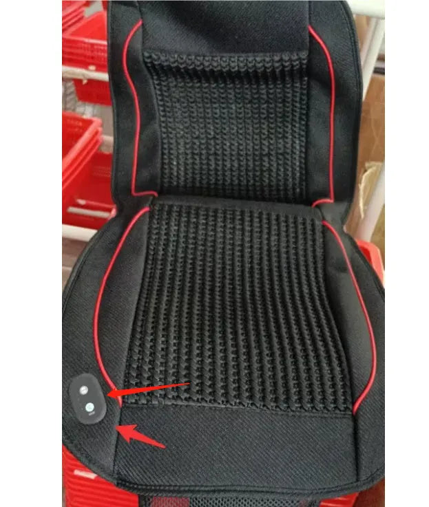 Square black car ventilation seat cushion with massage function showing power connection