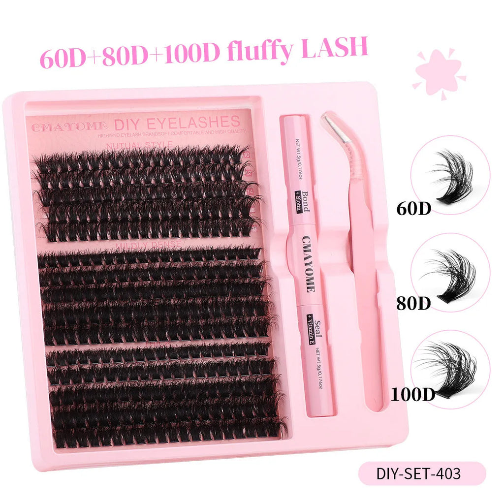 DIY false eyelash extension suit with cluster lashes and tweezers