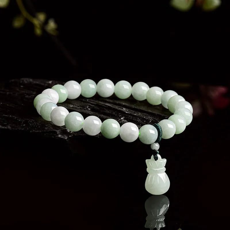 Ice Jade flower-shaped purse bracelet with 8mm pendant on adjustable band