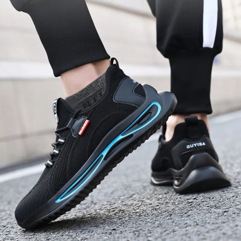 Steel toe work safety shoes for men, black blue trim, fly weaving upper, Kevlar midsole, PU nonslip sole, low top, sizes 39-44.