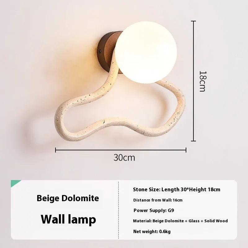 Middle Ancient cream style bedroom wall lamp with white travertine glass lampshade and solid wood base