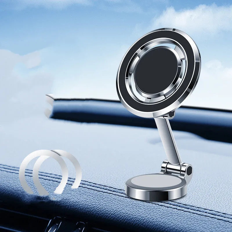 Black car phone mount with magnetic adhesive for centre console installation showing 360-degree rotation capability