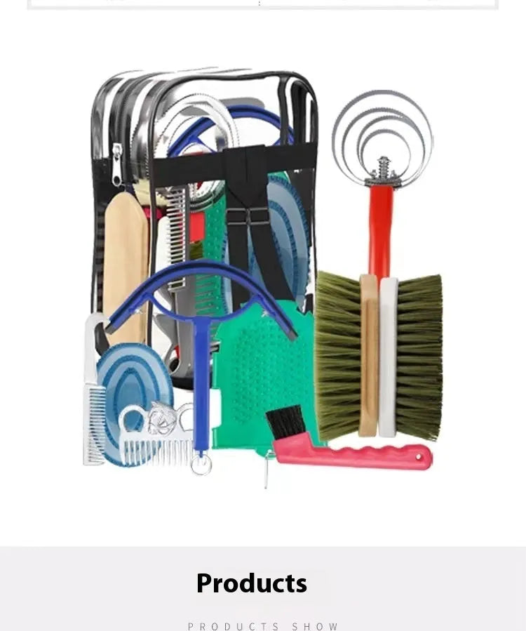 Ten-piece horse grooming kit showing brushes, aluminium combs, and storage bag for equestrian care