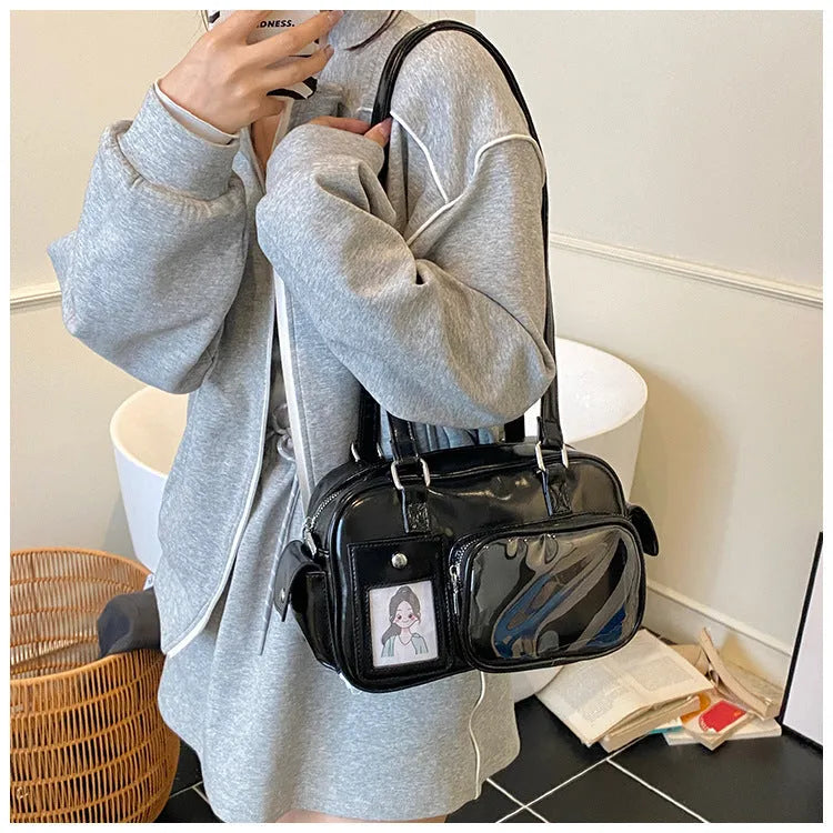 Large capacity transparent cartoon crossbody backpack in white with sewing thread details