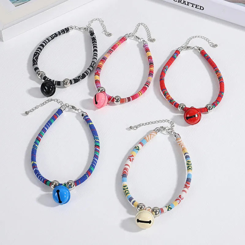 Ethnic pattern pet collar with bell in multiple colours for cats and small dogs