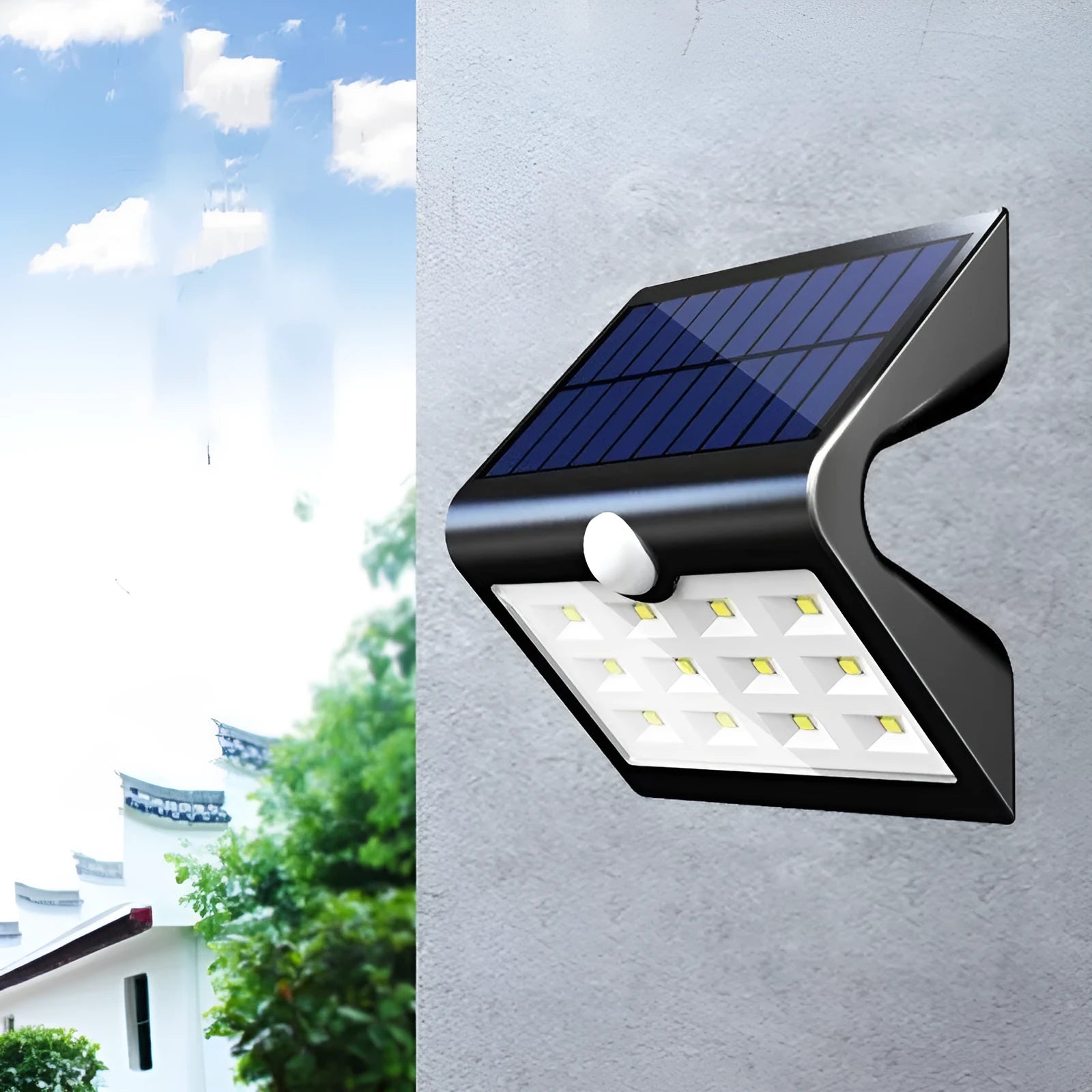 Solar outdoor wall light with LED illumination and IP65 waterproof rating for garden landscape lighting