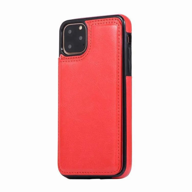 Brown crazy horse pattern leather holster case for Apple iPhone 13 with a visible double buckle.