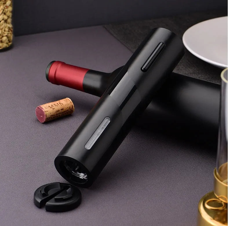 Five-in-one electric bottle opener set with decanter and vacuum stopper on base, ABS plastic, black