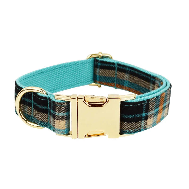 Retro green cloth dog collar, leash, vest, and bow four-piece accessory set