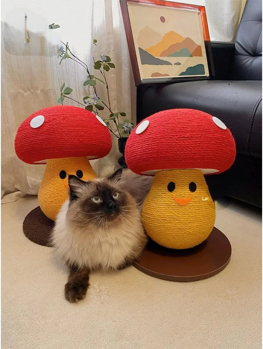 Round mushroom-shaped cardboard cat scratcher with foldable accordion design on floor