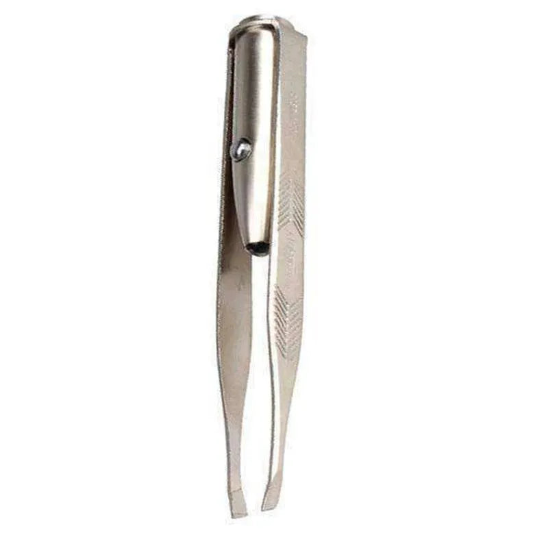 Stainless steel LED beauty tweezers with push-button switch and measurement showing 8.5 cm length.