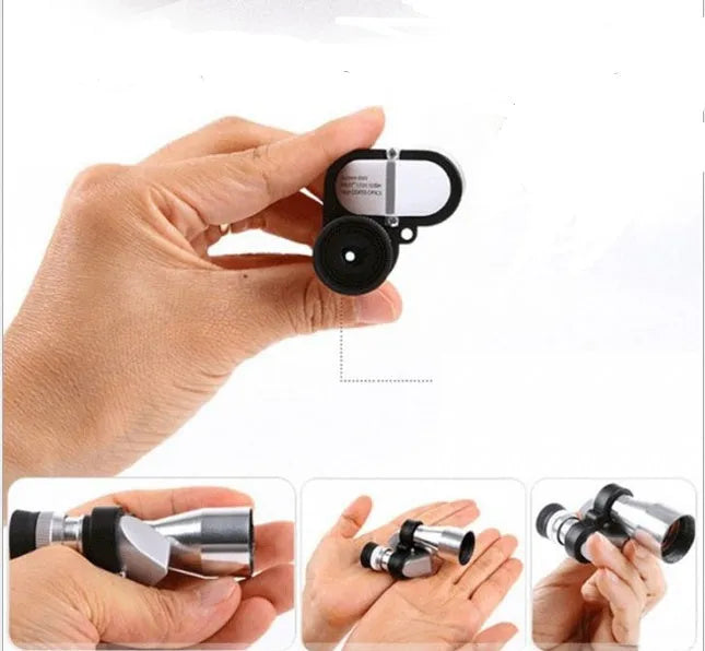 Compact black aluminium alloy 8x20 pocket monocular telescope with folded eyecup, shown with canvas carry bag and lens cloth.