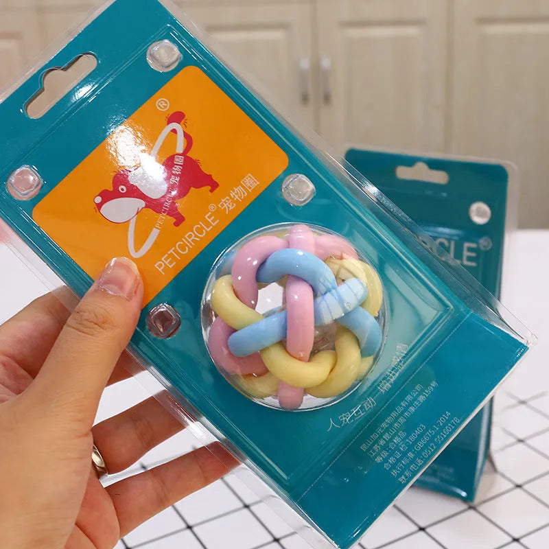 Non-toxic rubber dog chew toy with surface particles, star ring ball shapes, pink blue yellow