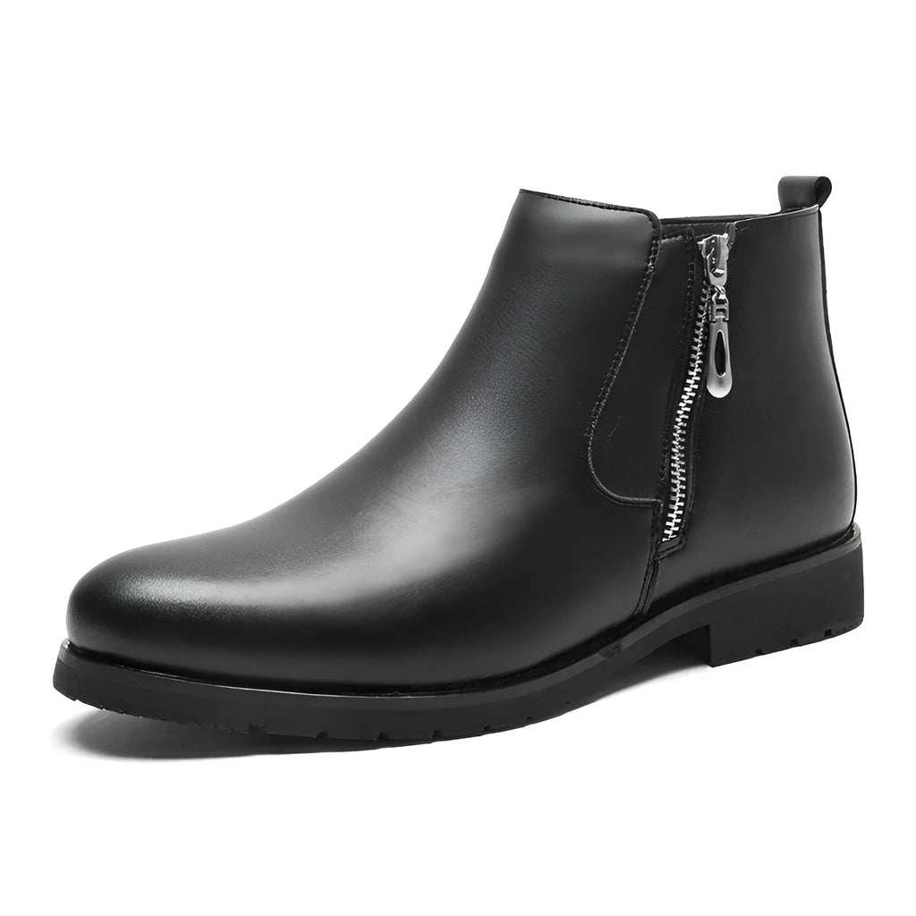 Men's black leather formal shoes with rubber outsole and plush lining, big sizes available