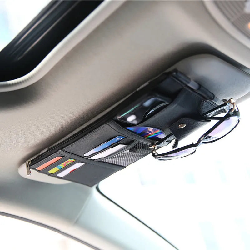 Beige PU car storage bag with compartments, 30x14.5cm, mounted on sun visor