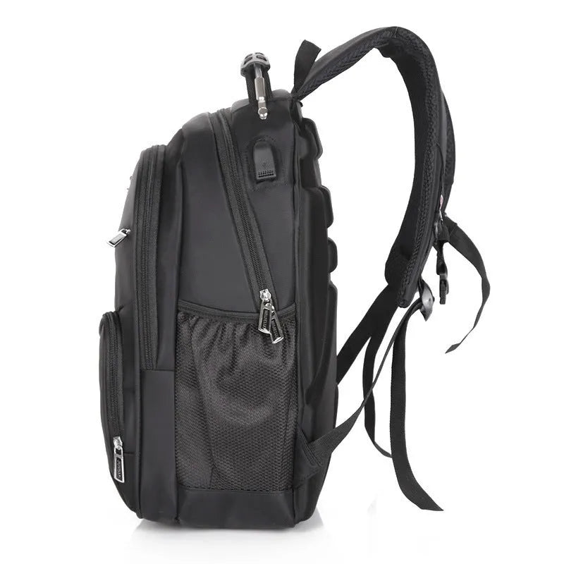 Men's large nylon travel backpack with USB port in black, shown from front