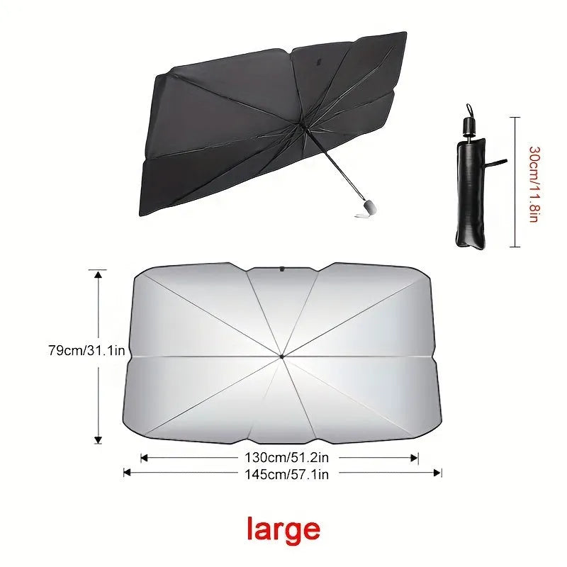 Foldable car windshield sunshade umbrella shown open against a car windscreen and folded compactly.