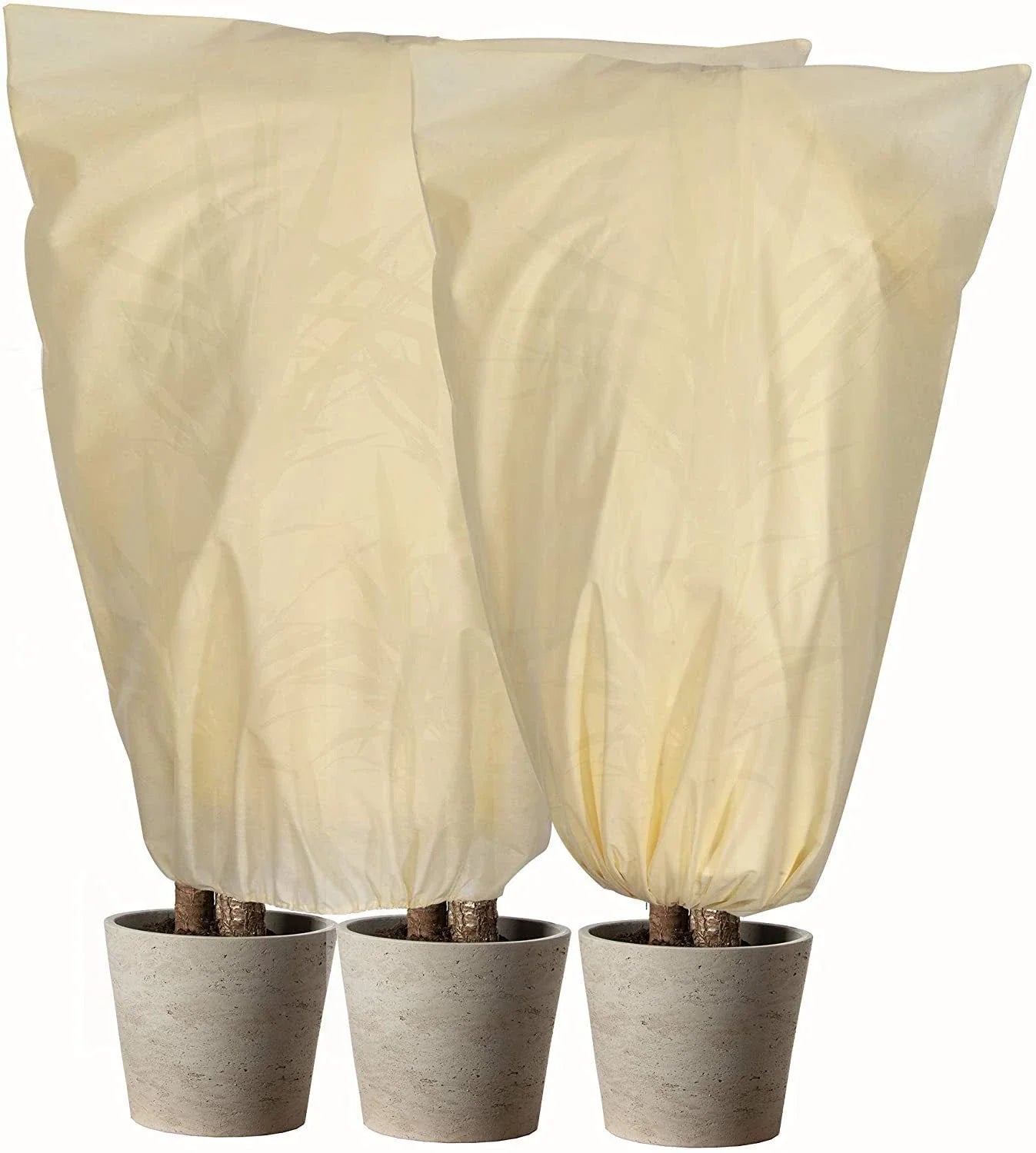 Adjustable, breathable plant cover in beige fabric to protect outdoor plants from winter frost and harsh weather