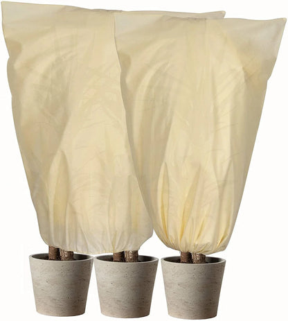 Adjustable, breathable plant cover in beige fabric to protect outdoor plants from winter frost and harsh weather