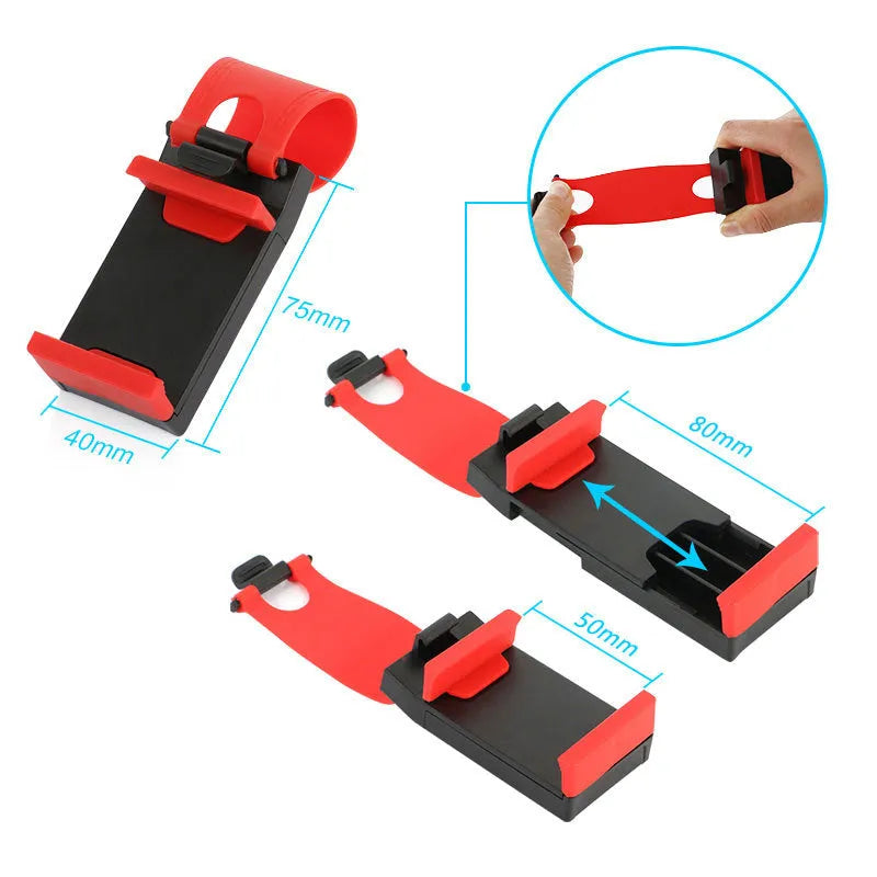 Black car steering wheel clip mount holder with universal phone cradle for multiple smartphone brands