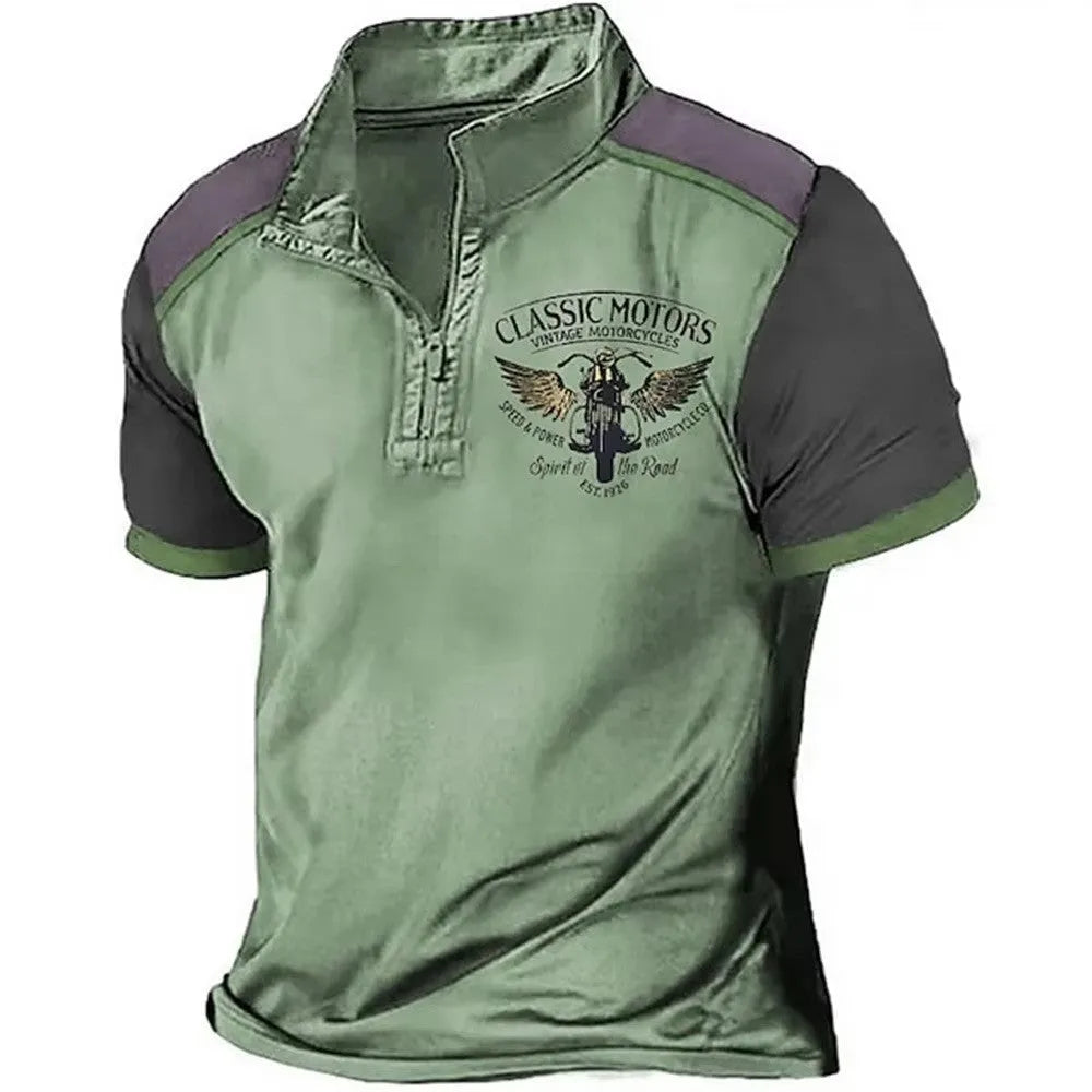 Men's solid colour golf polo shirt with 3D digital print and short sleeves.