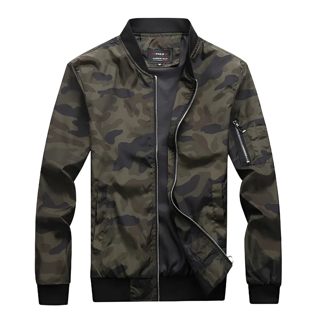 Men's camouflage bomber jacket, stand collar, zip front, long sleeves, welt pockets, army green or dark grey