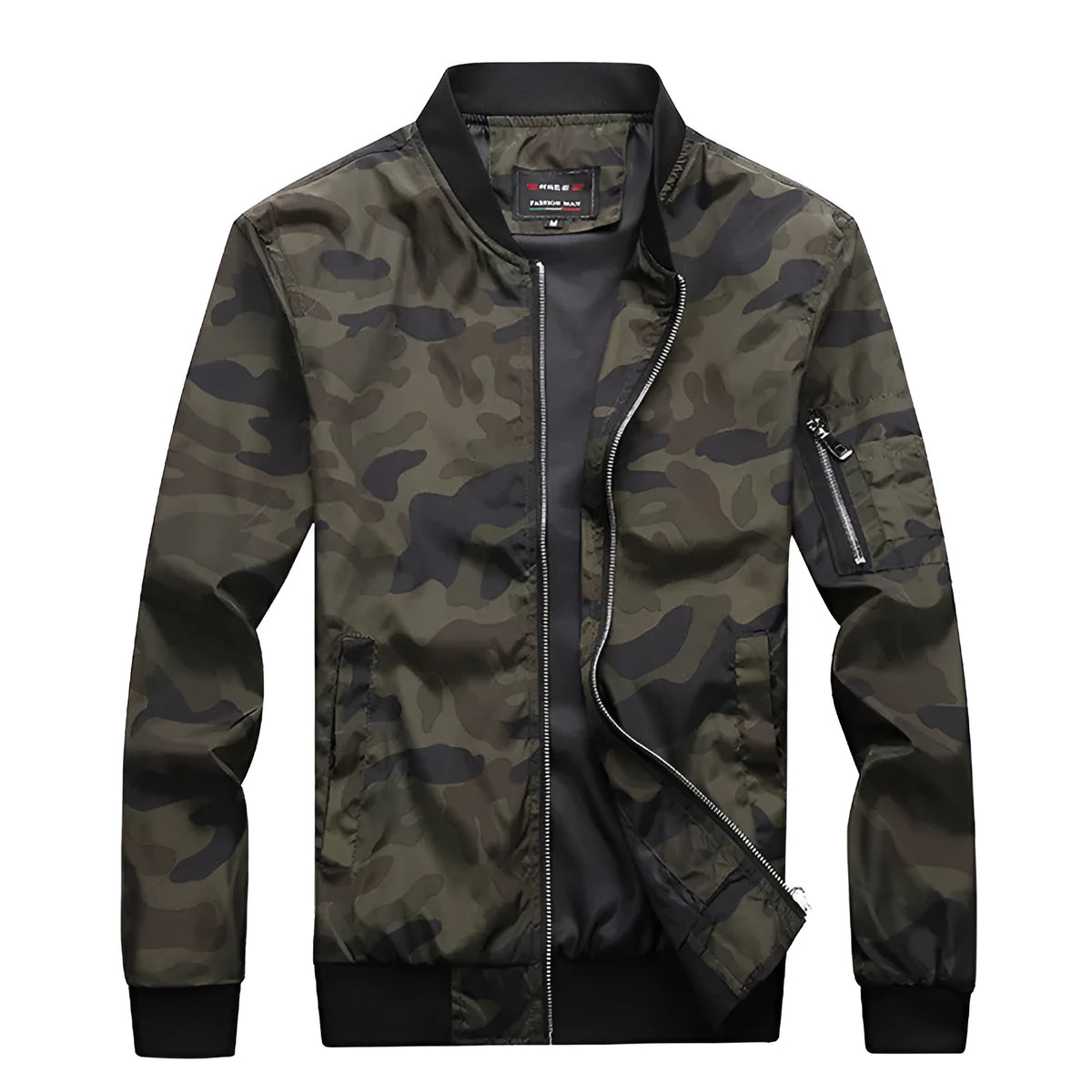 Men's camouflage bomber jacket, stand collar, zip front, long sleeves, welt pockets, army green or dark grey