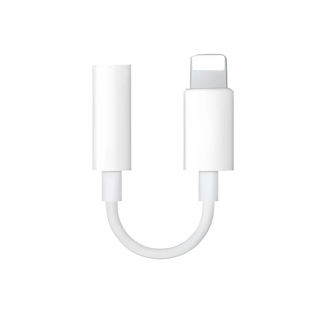 White Lightning to 3.5mm audio adapter cable for iPhone headphones, showing 8-pin connector and 12cm length.