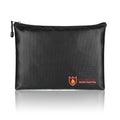 Black fire-proof document bag for contracts and certificates, shown in three different sizes.