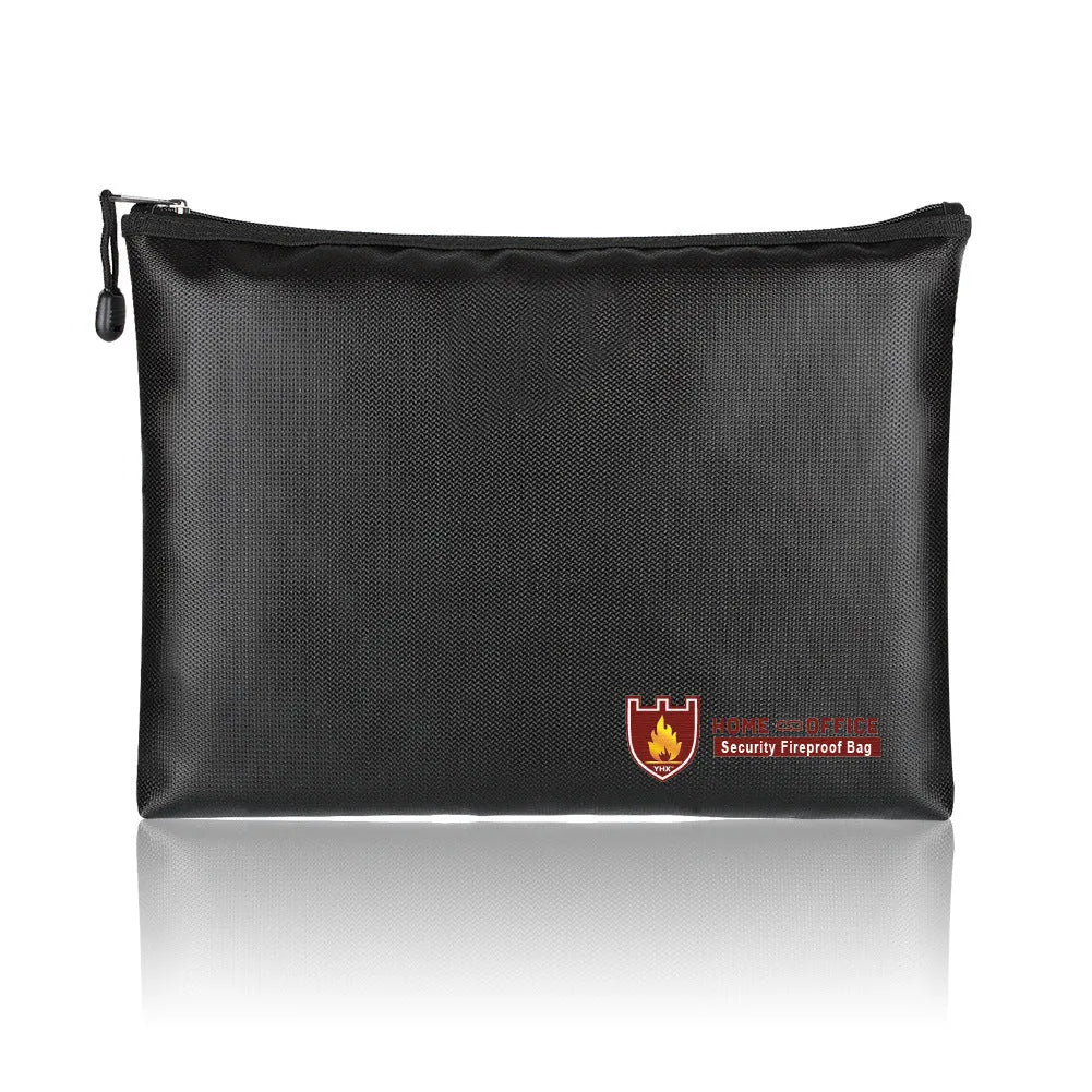 Black fire-proof document bag for contracts and certificates, shown in three different sizes.