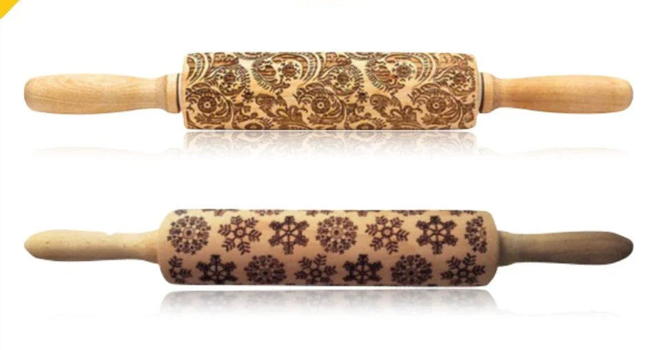 Personalized Christmas rolling pin with a variety of embossed holiday designs, including snowflakes, reindeer, and Merry Christmas patterns