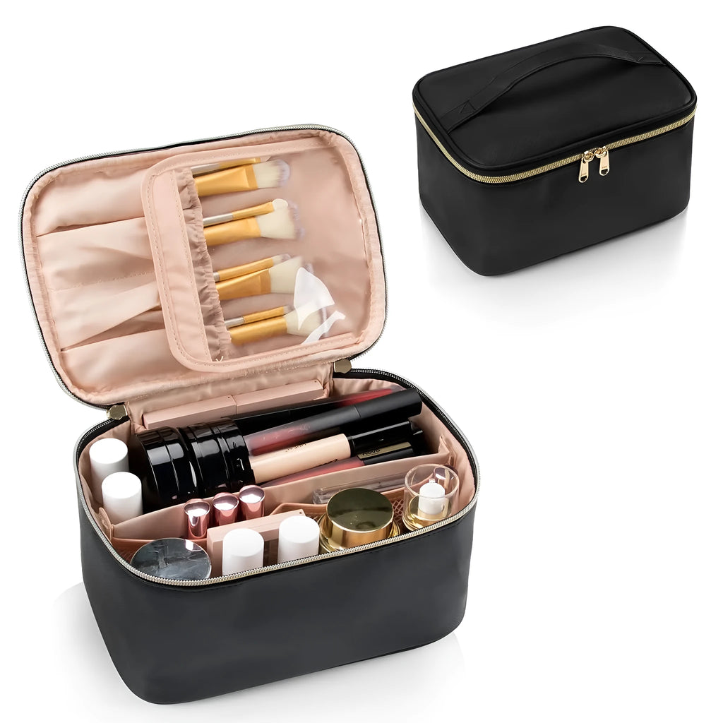 Large capacity black cosmetic bag with cotton outer and nylon lining, ultra light portable handbag for makeup and toiletries