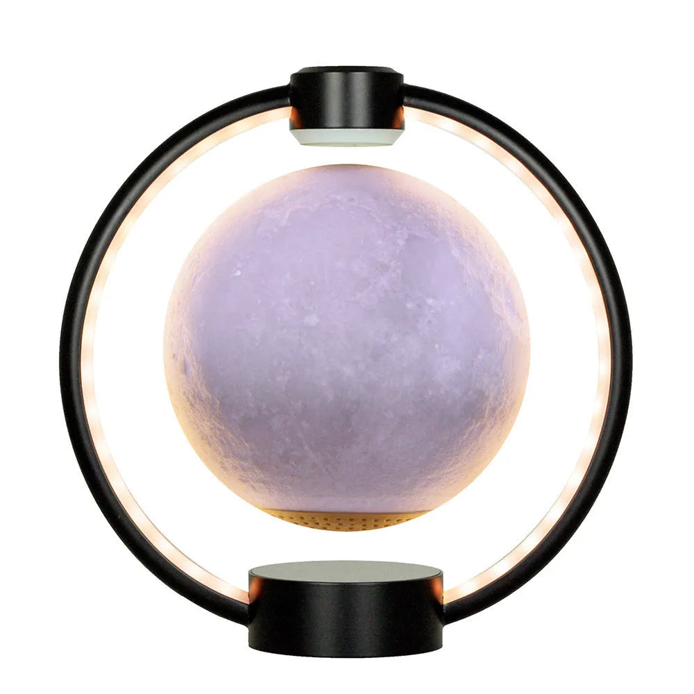 Maglev Moon Bluetooth speaker with floating sphere, colourful lights, wood grain base, 240x230mm frame and 150mm ball