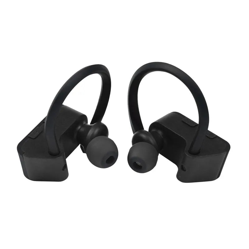 Black, grey, and red V5.0 Bluetooth wireless earphones with an ergonomic in-ear design.