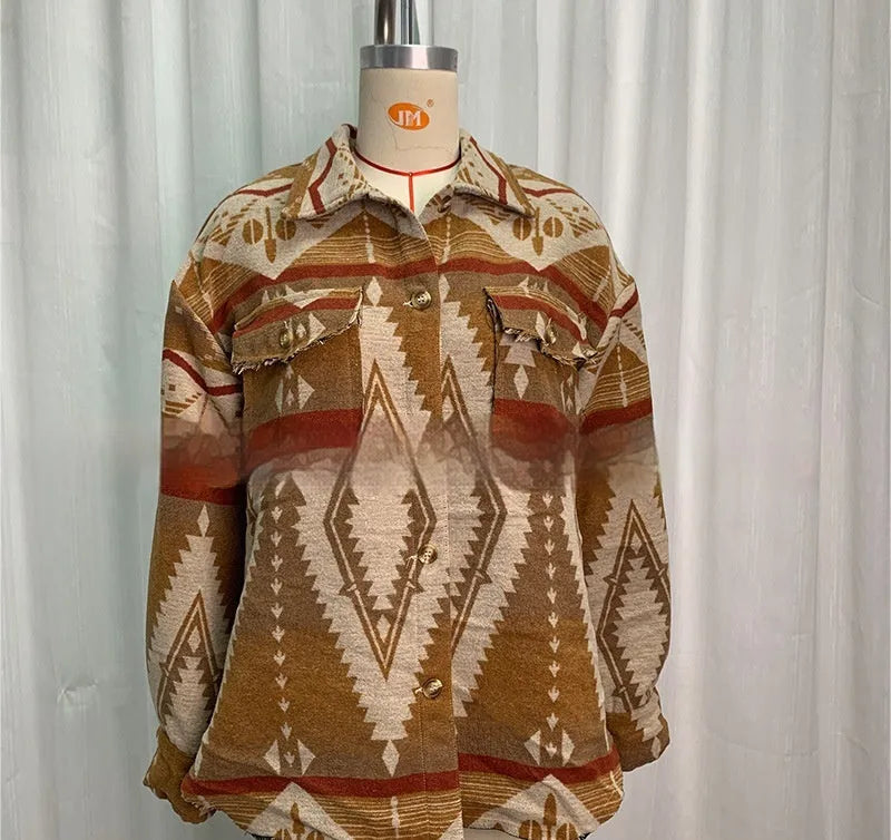 Women's retro style Aztec print woolen coat in army green, shown in a loose fit with long sleeves.