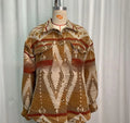 Women's retro style Aztec print woolen coat in army green, shown in a loose fit with long sleeves.