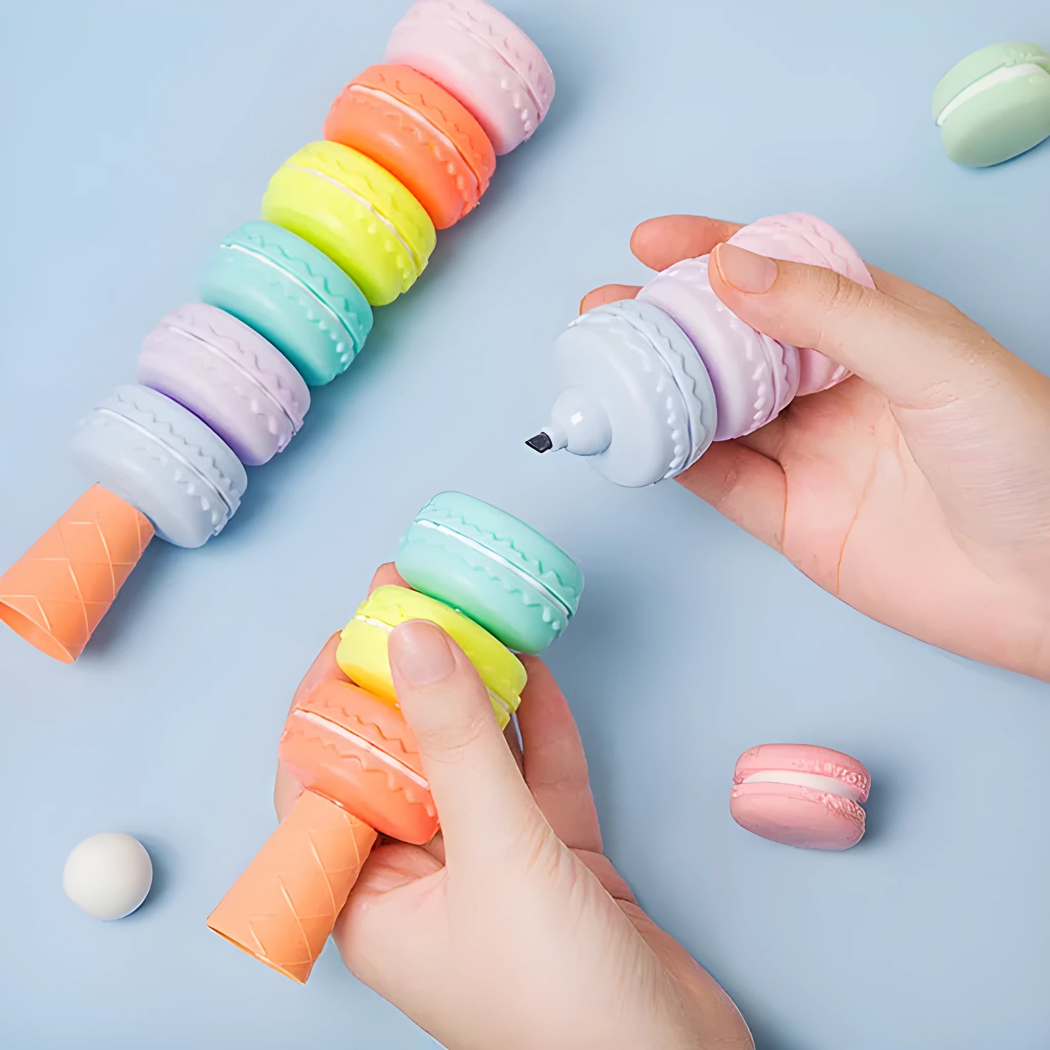 Set of six detachable fluorescent highlighter pens in pastel macaron colours, showing adjustable tip.