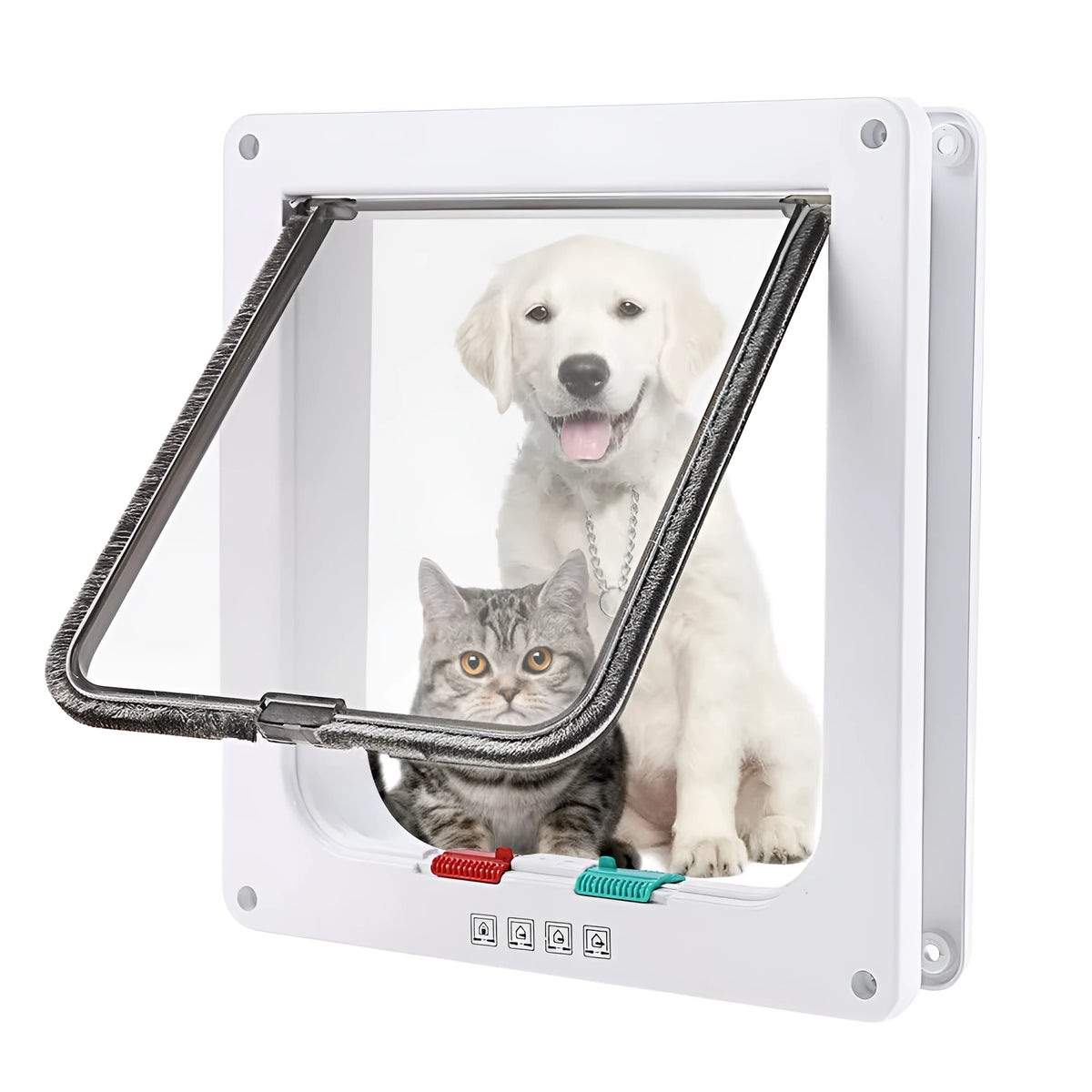 4 way lockable pet door in ABS plastic with anti-draught brush edge, for cats and small dogs, fits doors up to 50mm