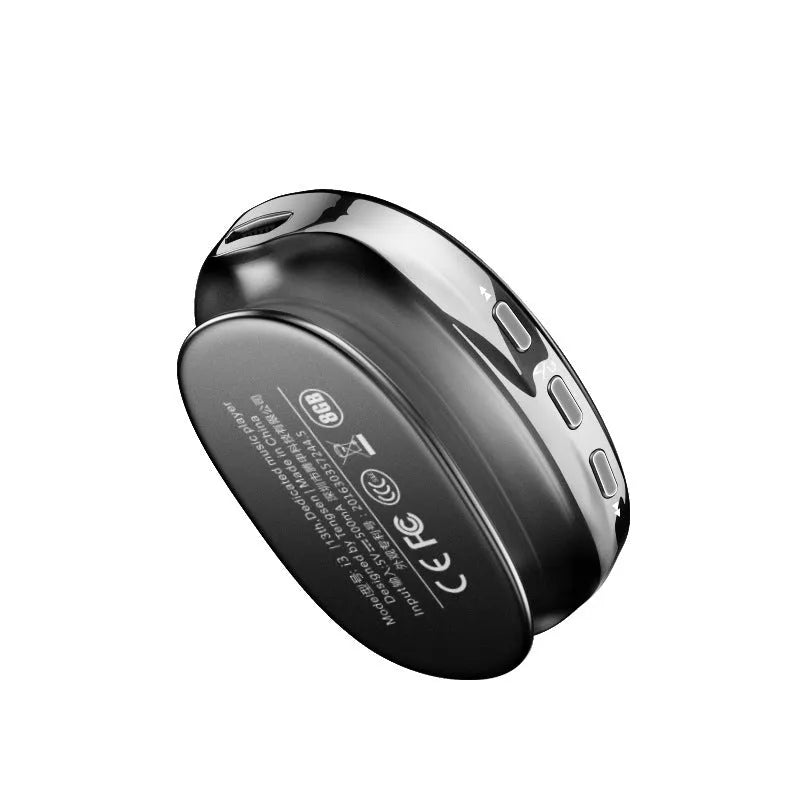 Compact Bluetooth MP4 music player in rose gold with an OLED screen displaying track info.