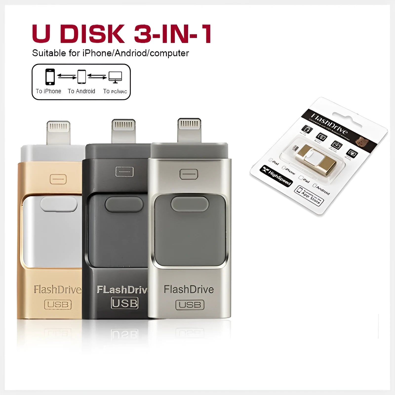 Three In One OTG USB Flash Disk in Black for computer and mobile phone data transfer